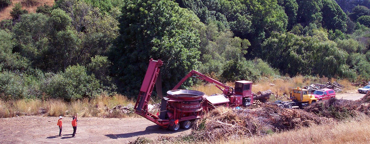Three people on dirt road stand behind heavy machinery used on a hazardous fuels reduction project.