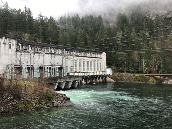 Hydro plant spanning Skagit River.
