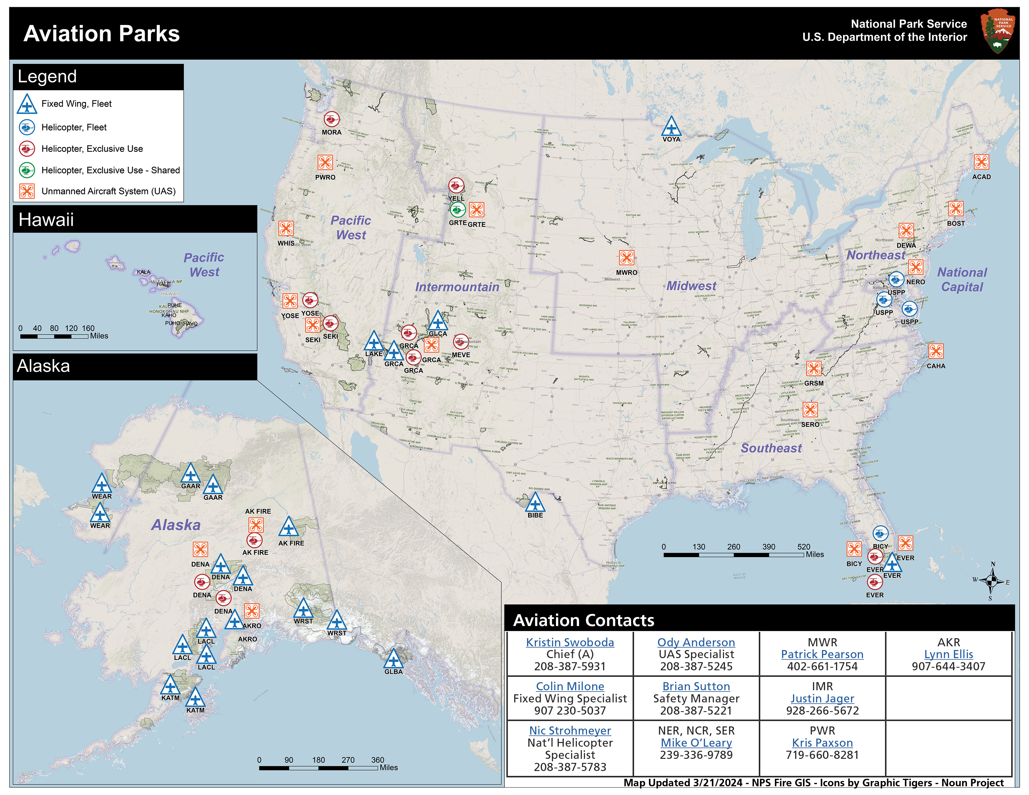 Map of the United States noting locations of National Park Service aviation resources - both government-owned and contracted.