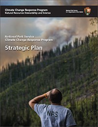 Cover of Strategic Plan: we see a man wearing an NPS t-shirt gazing into the distance at a fire on a mountainside