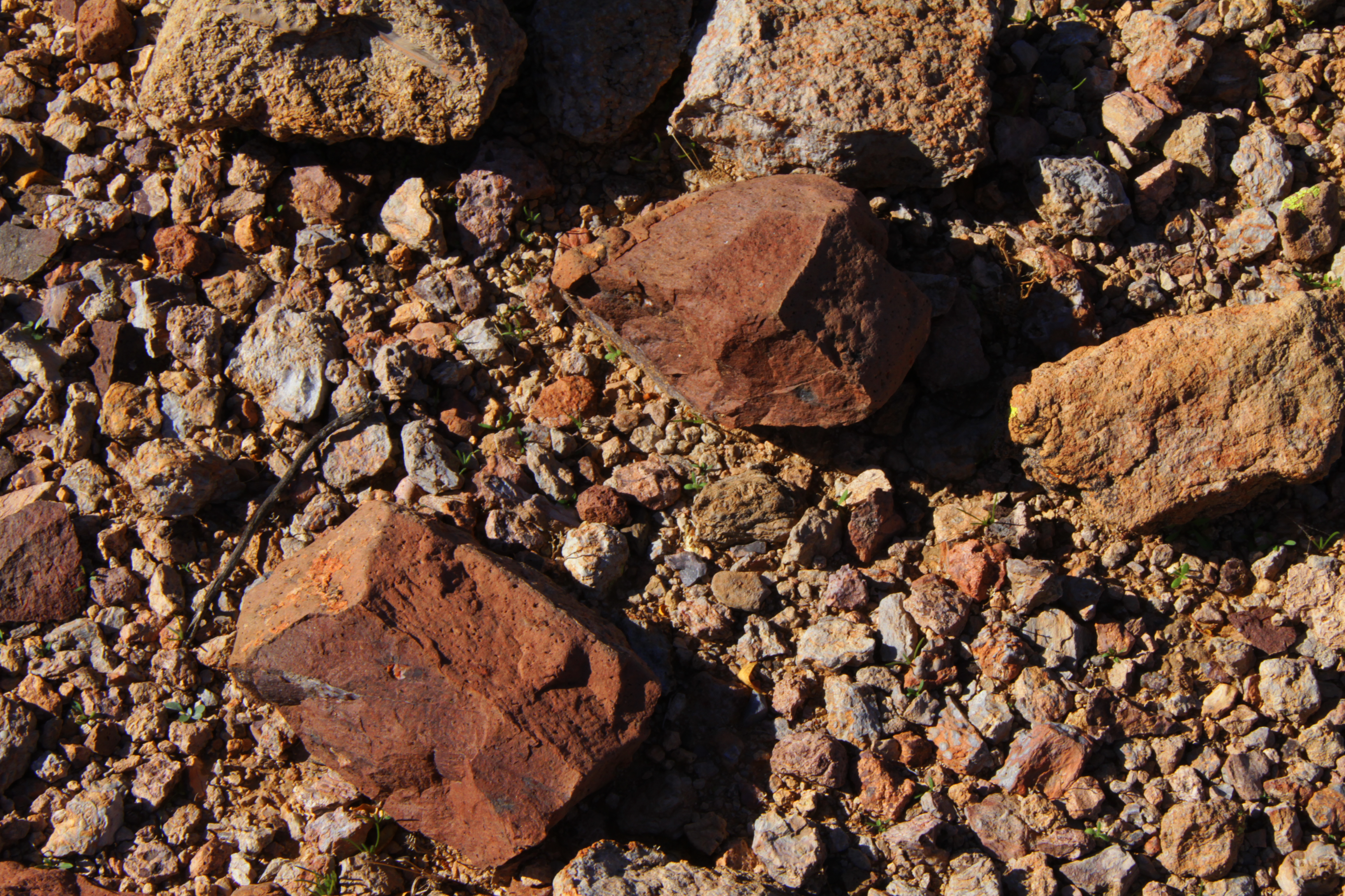 Dusty-red, smooth pieces of rhyolite on gravel.