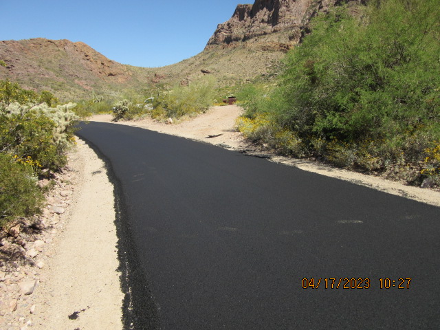 Freshly laid asphalt on the recently completed Ajo Mountain Drive.