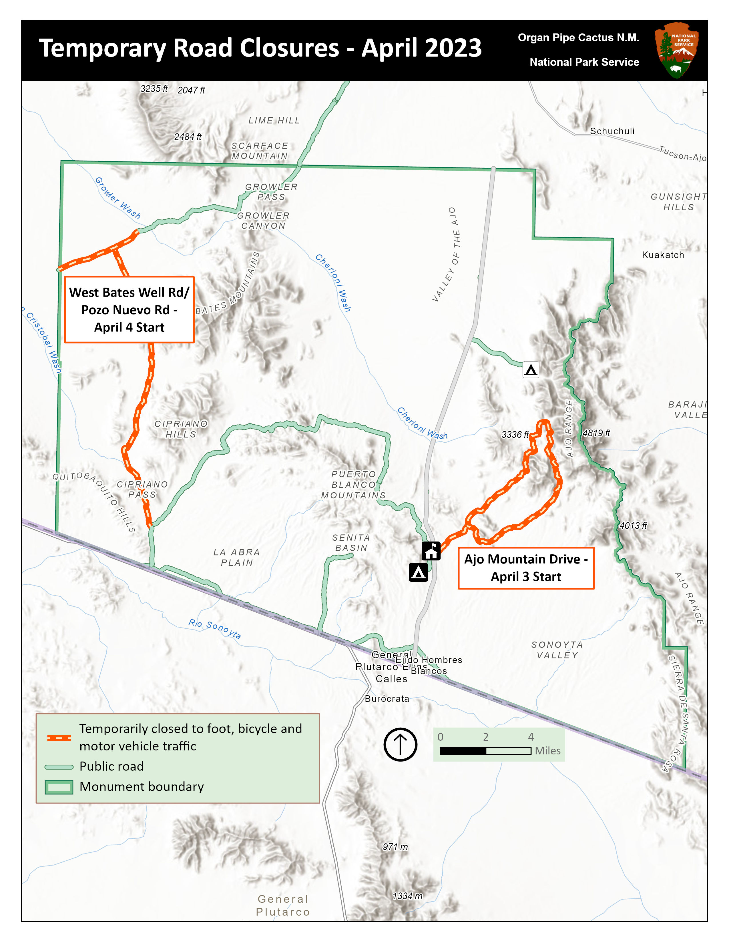 Bates Well,pozo Nuevo, And Ajo Mountain Drive Closures - Organ Pipe 