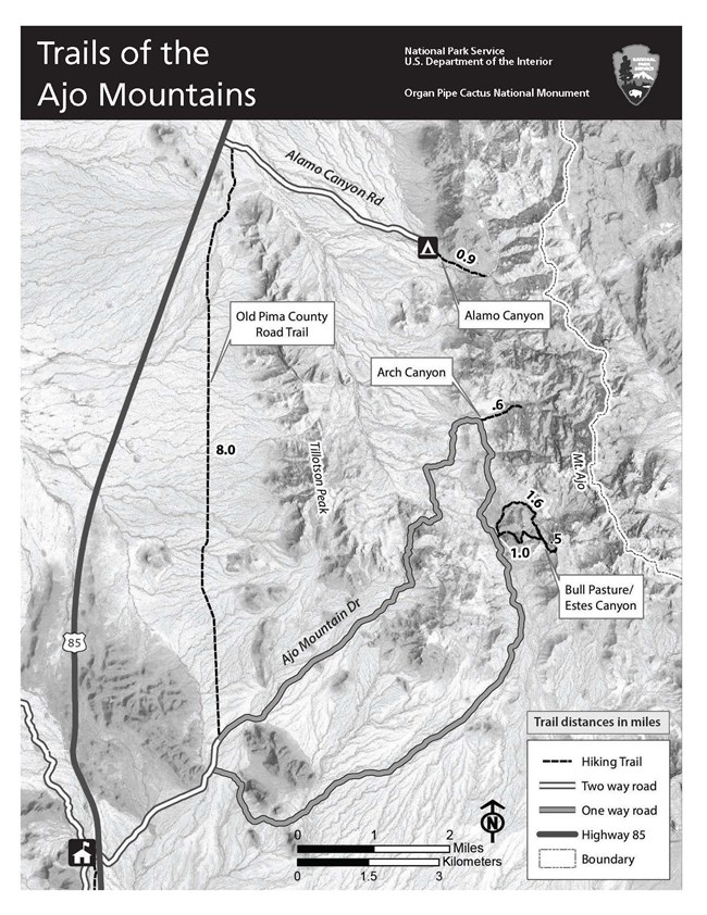 A map of the Ajo Mountain Drive trails.