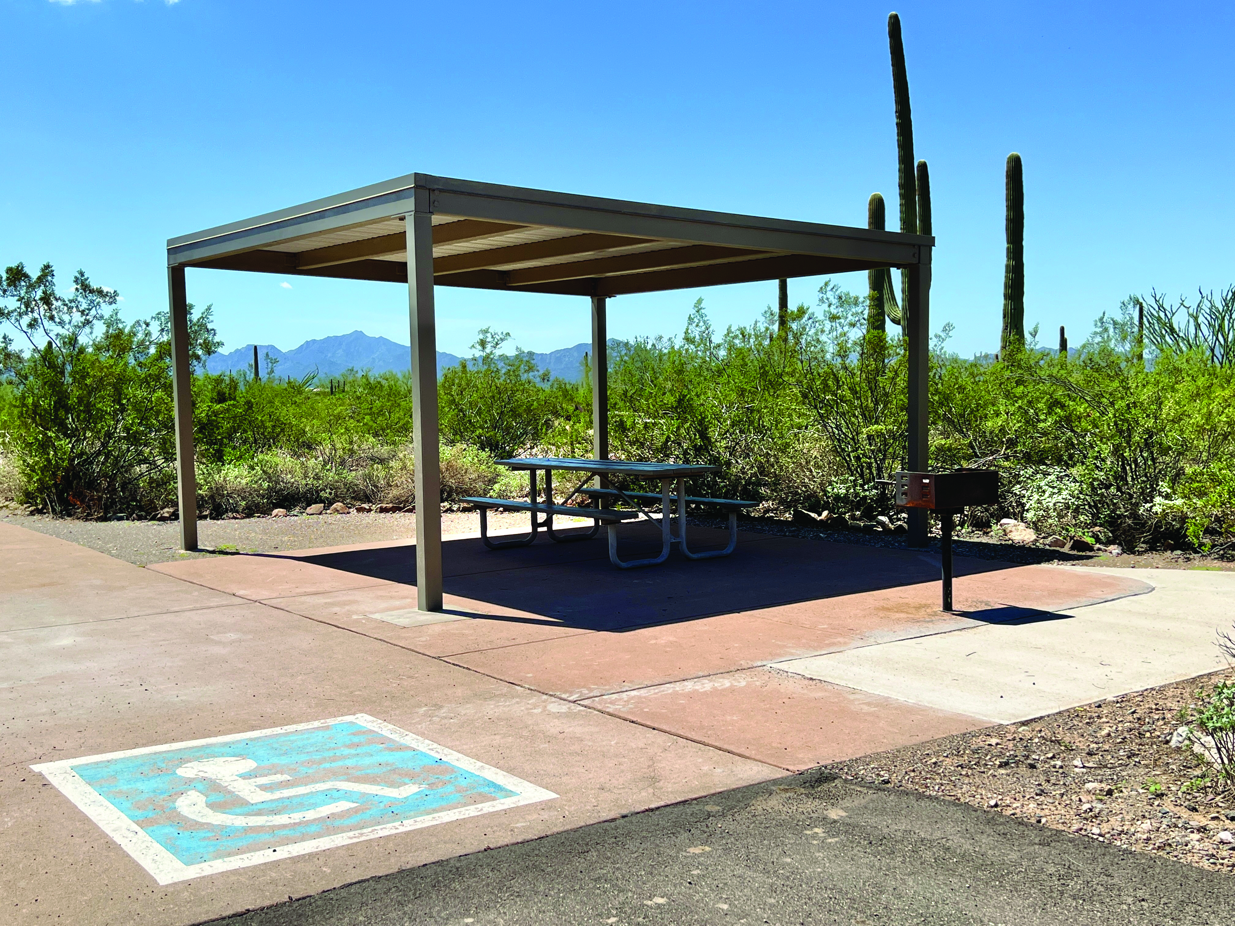 A campsite at Twin Peaks Campground is marked with the accessible symbol. the site is paved and level, and features a picnic table and shade ramada.
