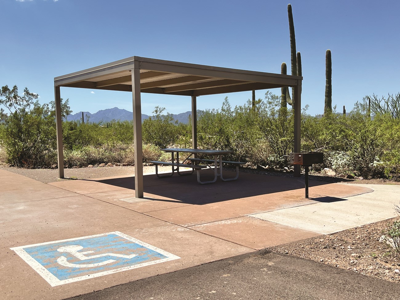 A campsite at Twin Peaks Campground is marked with the accessible symbol. the site is paved and level, and features a picnic table and shade ramada.