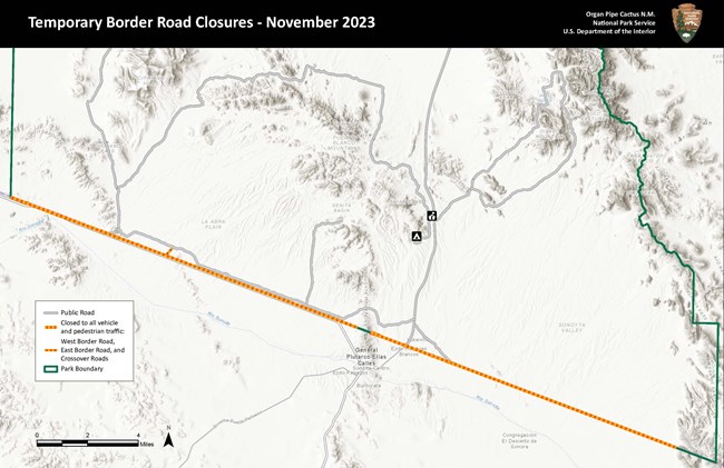 Map of the US Mexico border near Organ Pipe Cactus National Park.  Black bar spans the top with text "Temporary Border Road Closures - November 2023" to the right text "Organ Pipe Cactus N.M. National Park Service U.S. Department of the Interior" followed