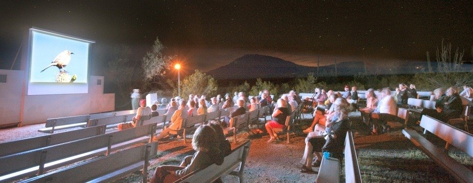 visitors enjoying a ranger led evening program in the Twin Peaks Amphitheater