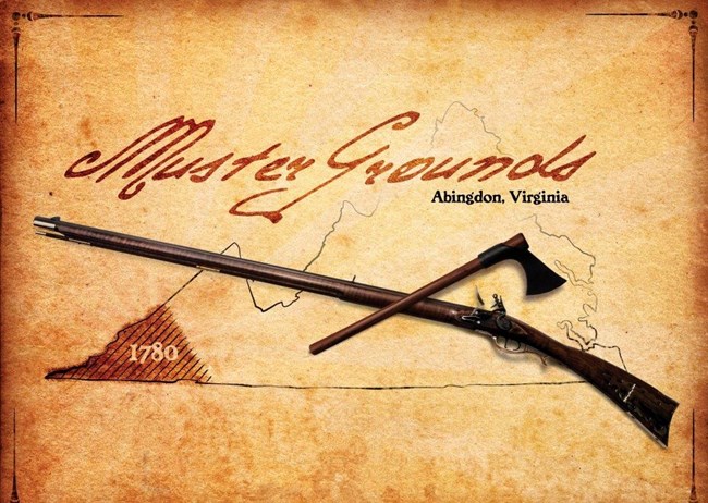 A rifle and hatchet crossed over a map of Virginia with the text  Muster Grounds, Abingdon, Virginia