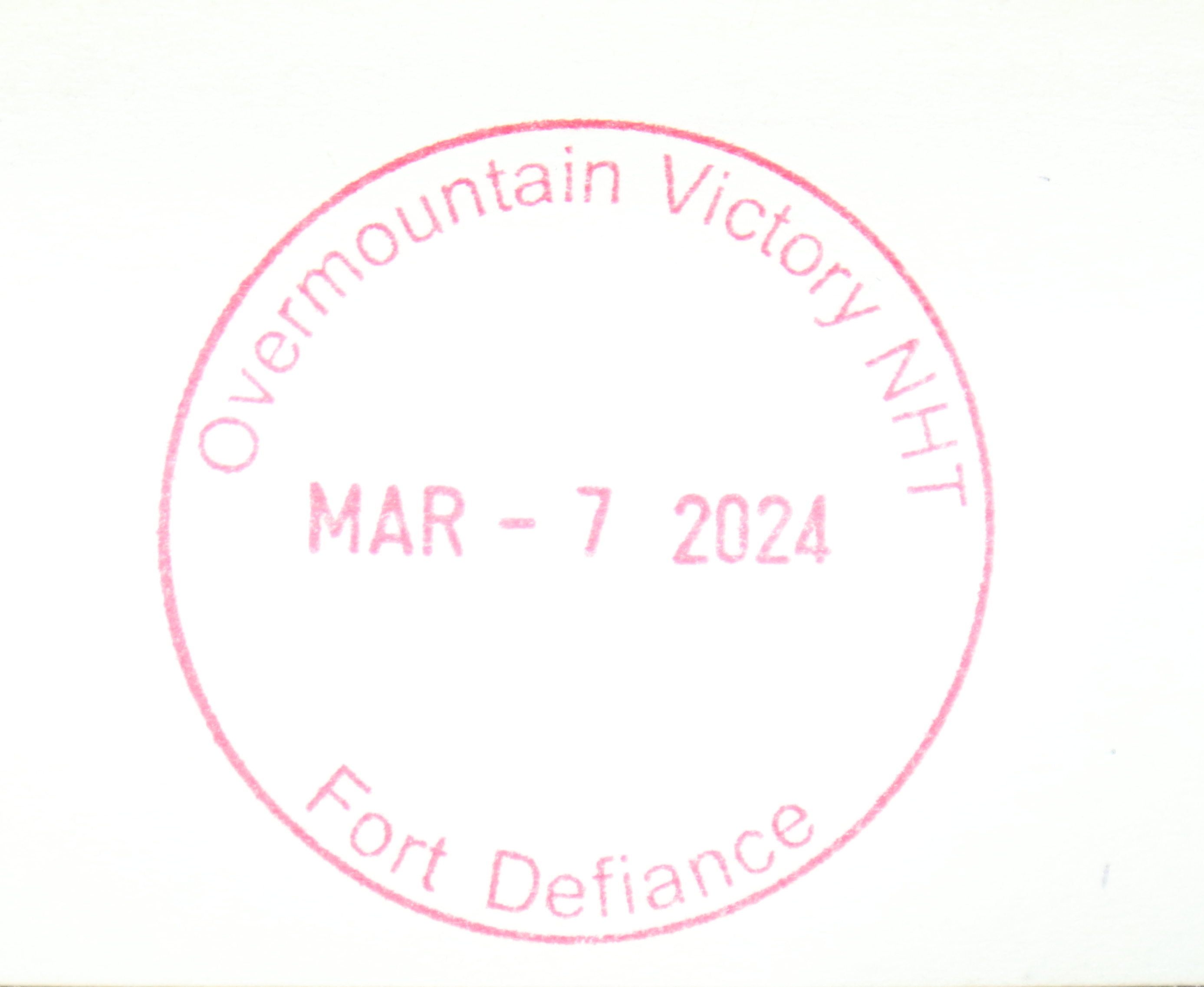 Ink stamp reading "Overmountain Victory NHT Fort Defiance"