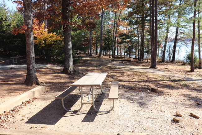 A picnic table with trees and a lake in the background.