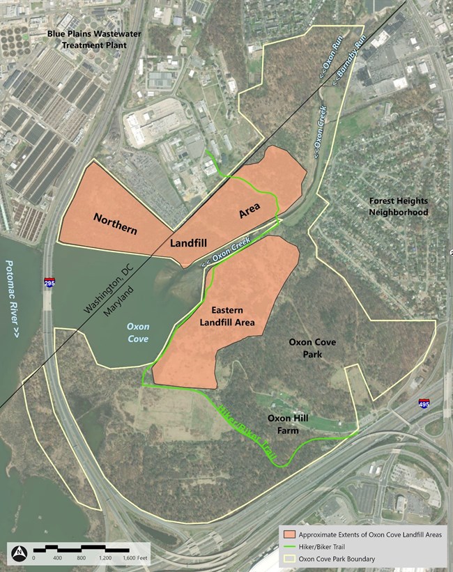 Map of Oxon Cove Park, a wooded area on the northeast side of the junction of I-295 and I-495 along the DC/MD border. Landfill areas are shown along Oxon Creek and Oxon Cove, a small bay along I-295 and the Potomac River.