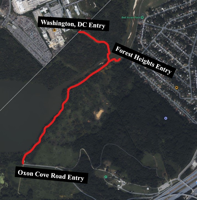 a map showing the Oxon Cove trail closure in red