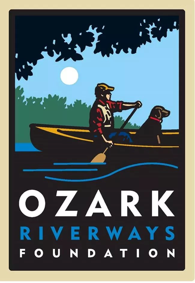 A color graphic of a guy in a canoe with a dog and a paddle. Text says Ozark Riverways Foundation