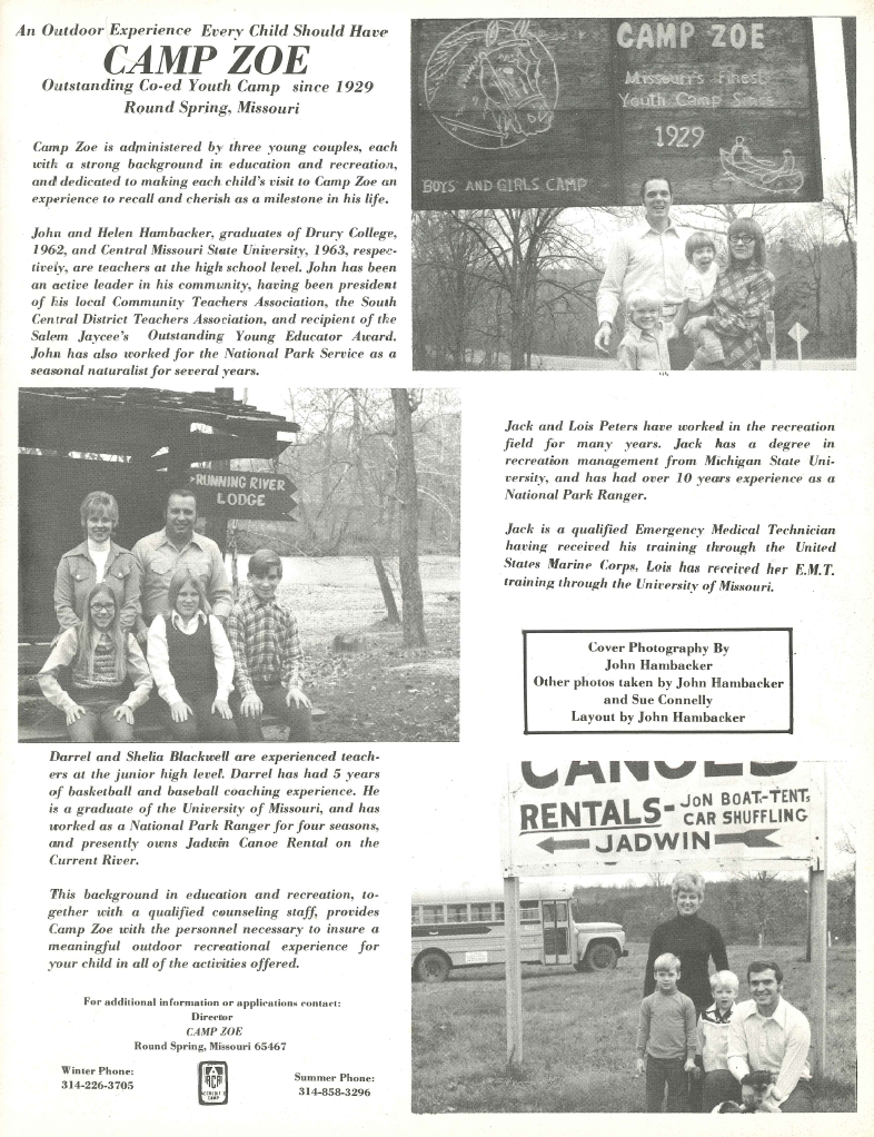 From the 70s or 80s: A scan of a pamphlet advertising a Youth Camp. The camp is “Camp Zoe,” and the page shows pictures of 3 couples and their kids. These couples are educators/camp leaders, and each picture gives a description of their background and ski