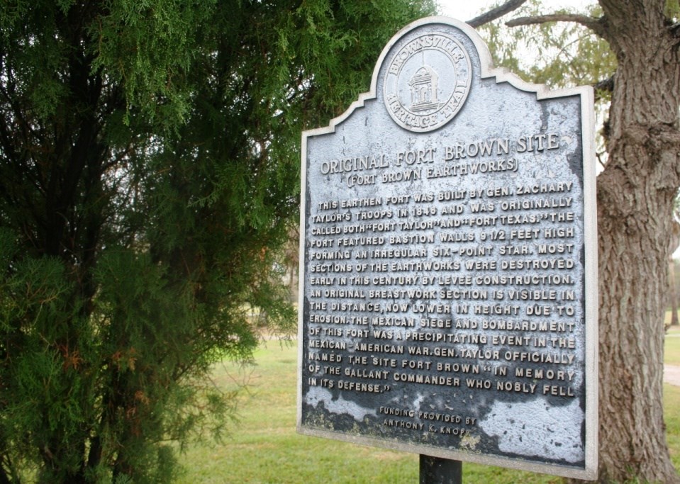 Metal historical marker for the Mexican War era Fort Brown
