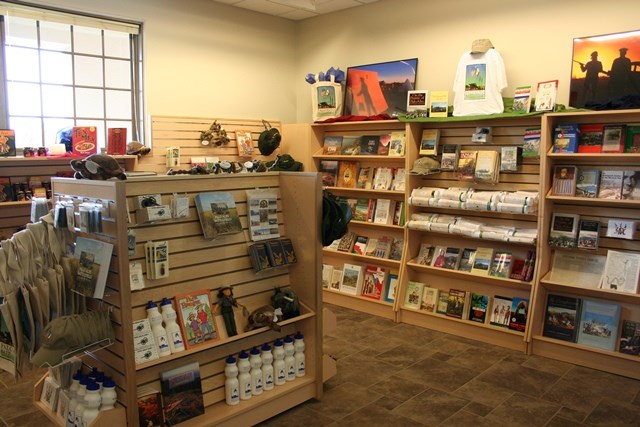 Park store sales area with bookshelves.