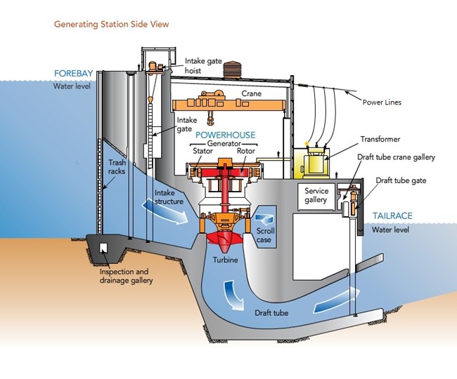 Diagram of a hydroelectric plant, w/ high water entering at left, spinning a turbine & generator set to produce electrical energy within the powerhouse, & exiting lower right