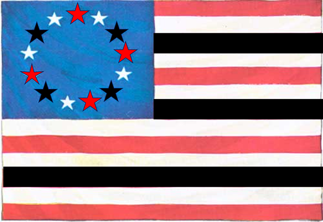 A flag with Red, white and black tripes and a blue corner with Red, white and black stars