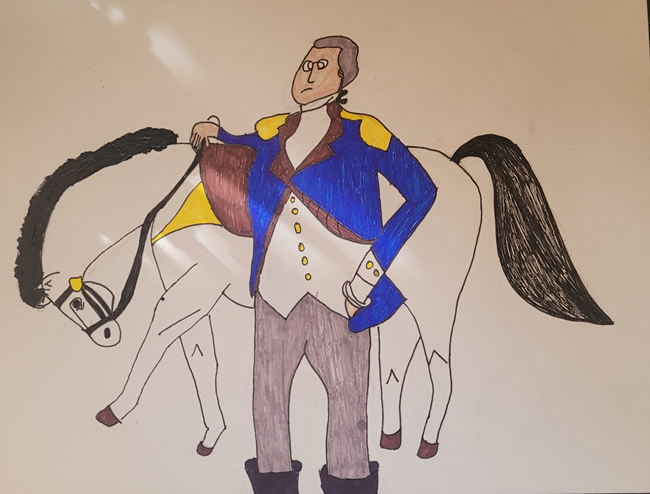 Geoge Washington in his continental army uniform standing infront of his horse