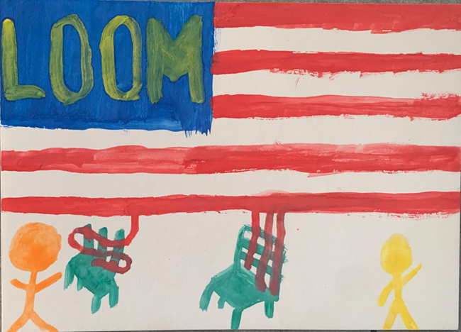 The American Flag with the word LOOM in yellow on the blue in the top left corner. The bottom red strip has a red thread connected to two silk looms under. There is one person on the left of the paining and one on the right.