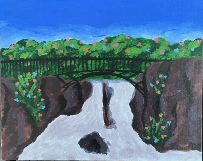 Water fall flowing over the brown rock into a chasm with a black bridge between the chasm. There are multi colored flowers on the rocks on the side of the falls.