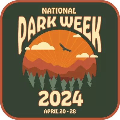 National Park Week 2024 logo depicting trees, mountains, and a bird soaring.