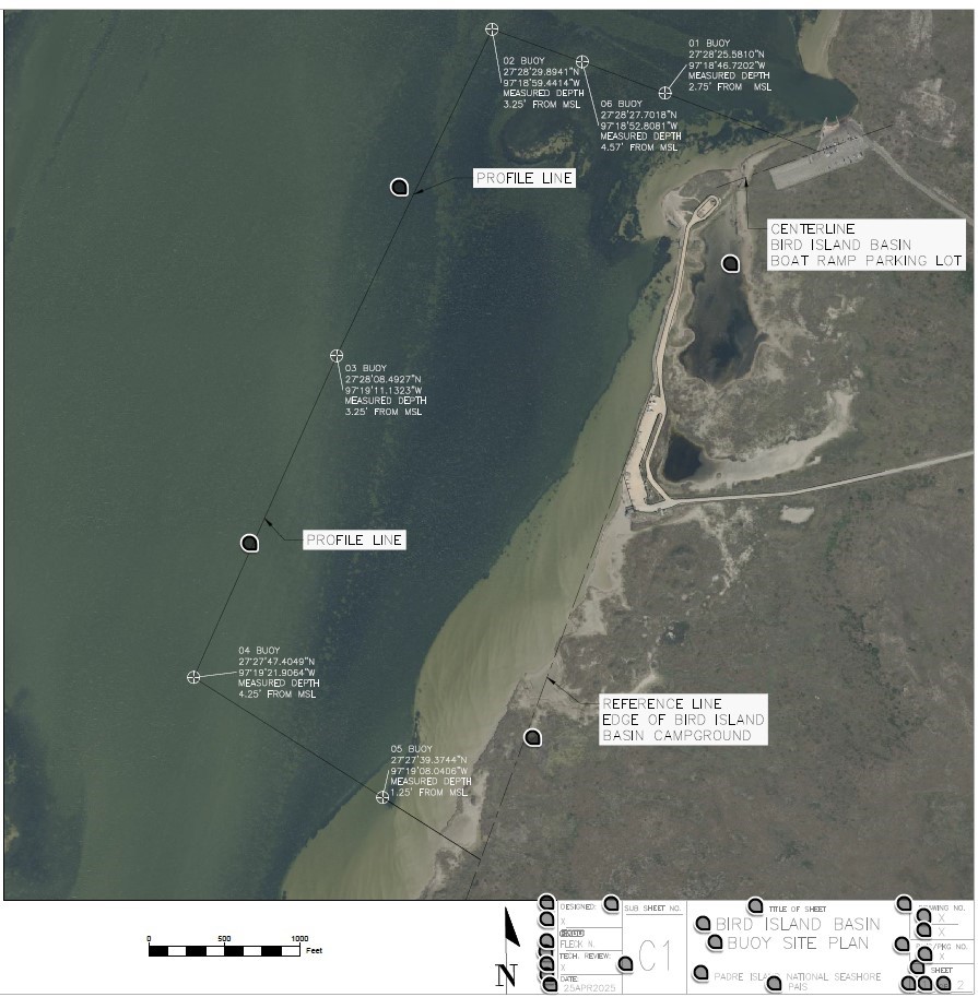 A map showing the locations of buoys at Bird Island Basin.
