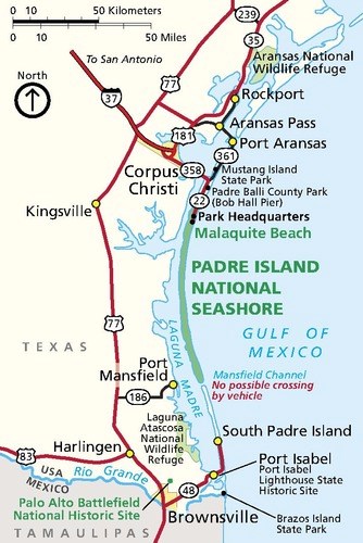 A overview map of south Texas showing the location of Padre Island National Seashore.
