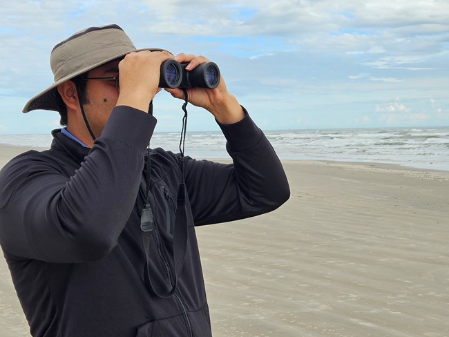 A person standing on the beach looking through binoculars