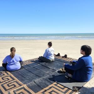 A group of people meditating on the beach.