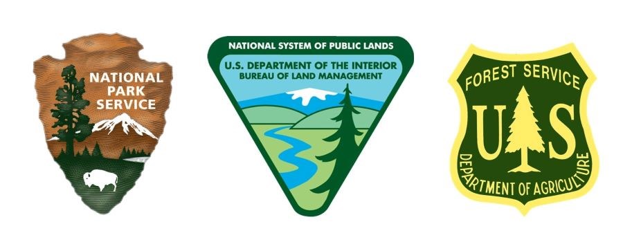 Symbols of the National Park Service, Bureau of Land Management, and U.S. National Forest.