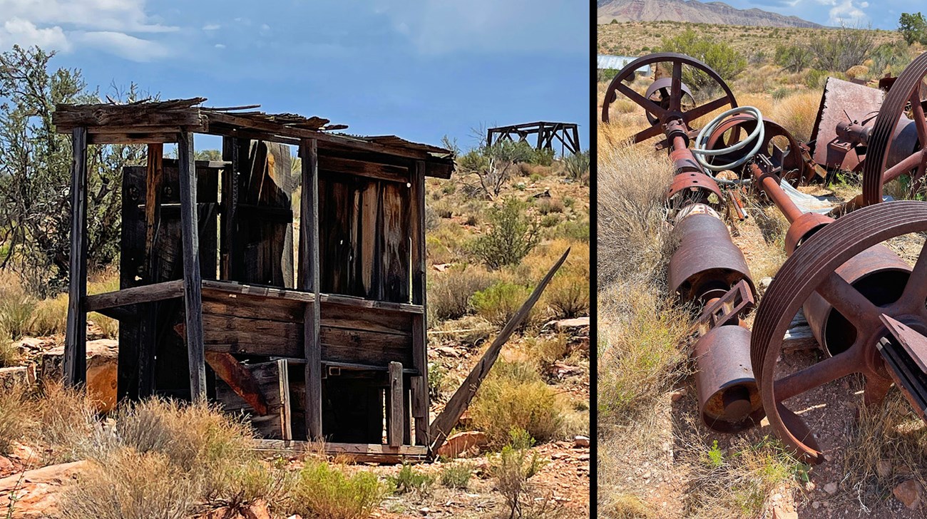 Ruin of the outhouse and pile of machinery parts