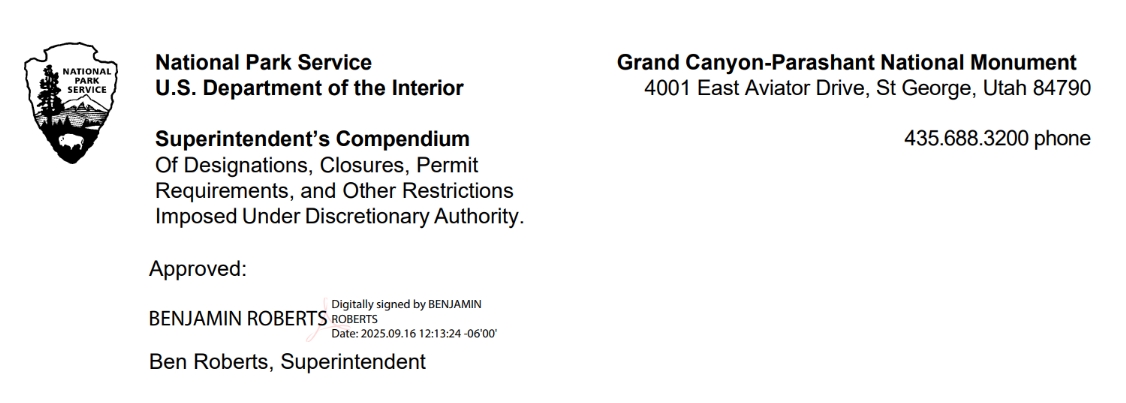 Signature of approval from Ben Roberts, Grand Canyon-Parashant National Monument Superintendent, dated September 16, 2025