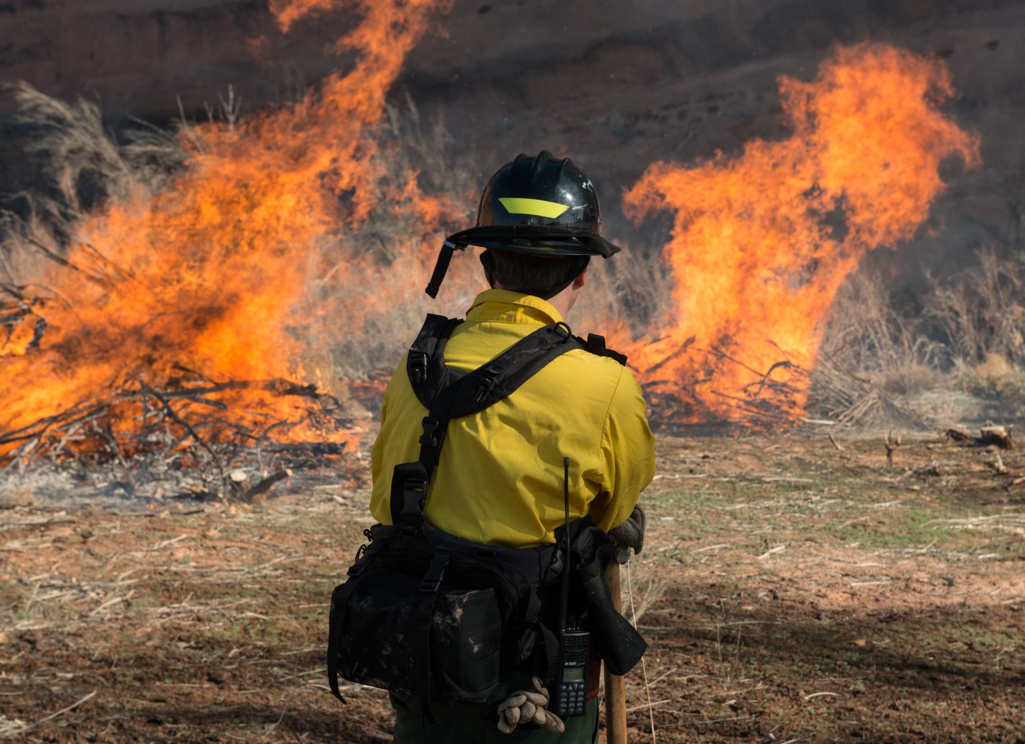 Firefighter monitors a burning pile of brush