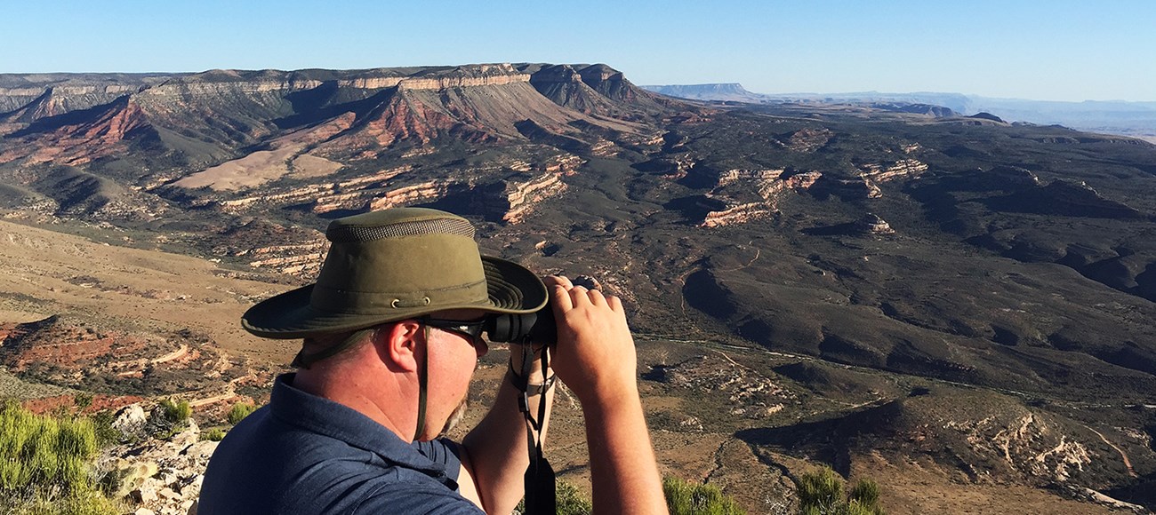 Visitor looks into the Pakoon Basin with binoculars