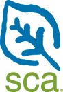 Drawn outline of leaf in blue, with green letters SCA below