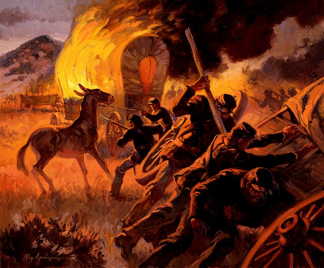 Painting of the burning of wagon train at Apache Canyon