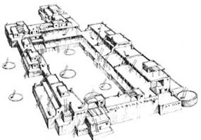 Line drawing of ancient pueblo with several stories, many kivas, and an open courtyard in the center.