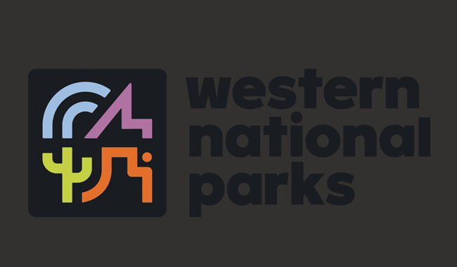 Words "Western National Parks" in grey with four logos in a square to the left, a cactus, mountain, rainbow and butte.