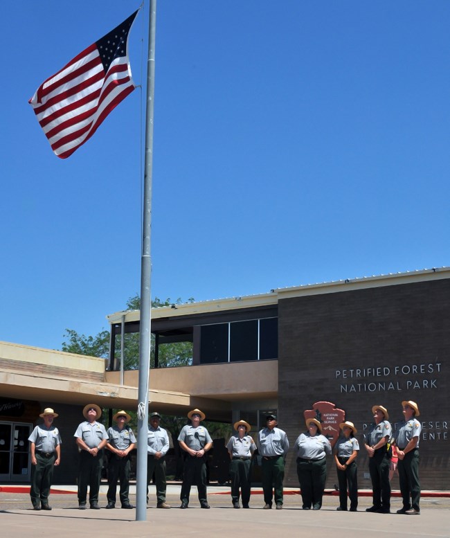 Uniformed staff standing under and looking up at the flag