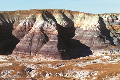 Blue, purple, and gray bands on the badlands at Blue Mesa