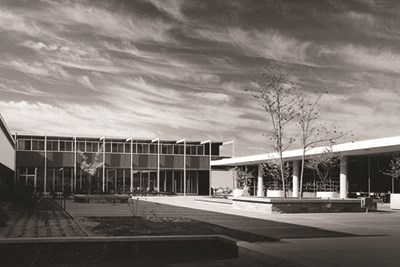 Painted Desert Community Complex plaza in 1962 black and white