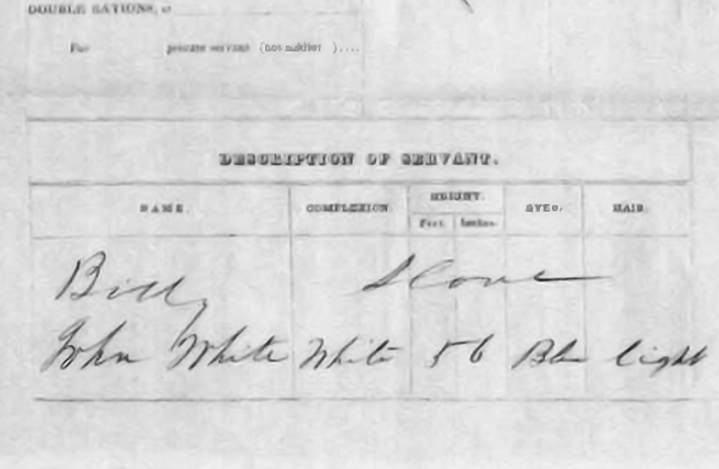 A section of Abraham Van Buren’s pay voucher describing his two servants, one free and one enslaved