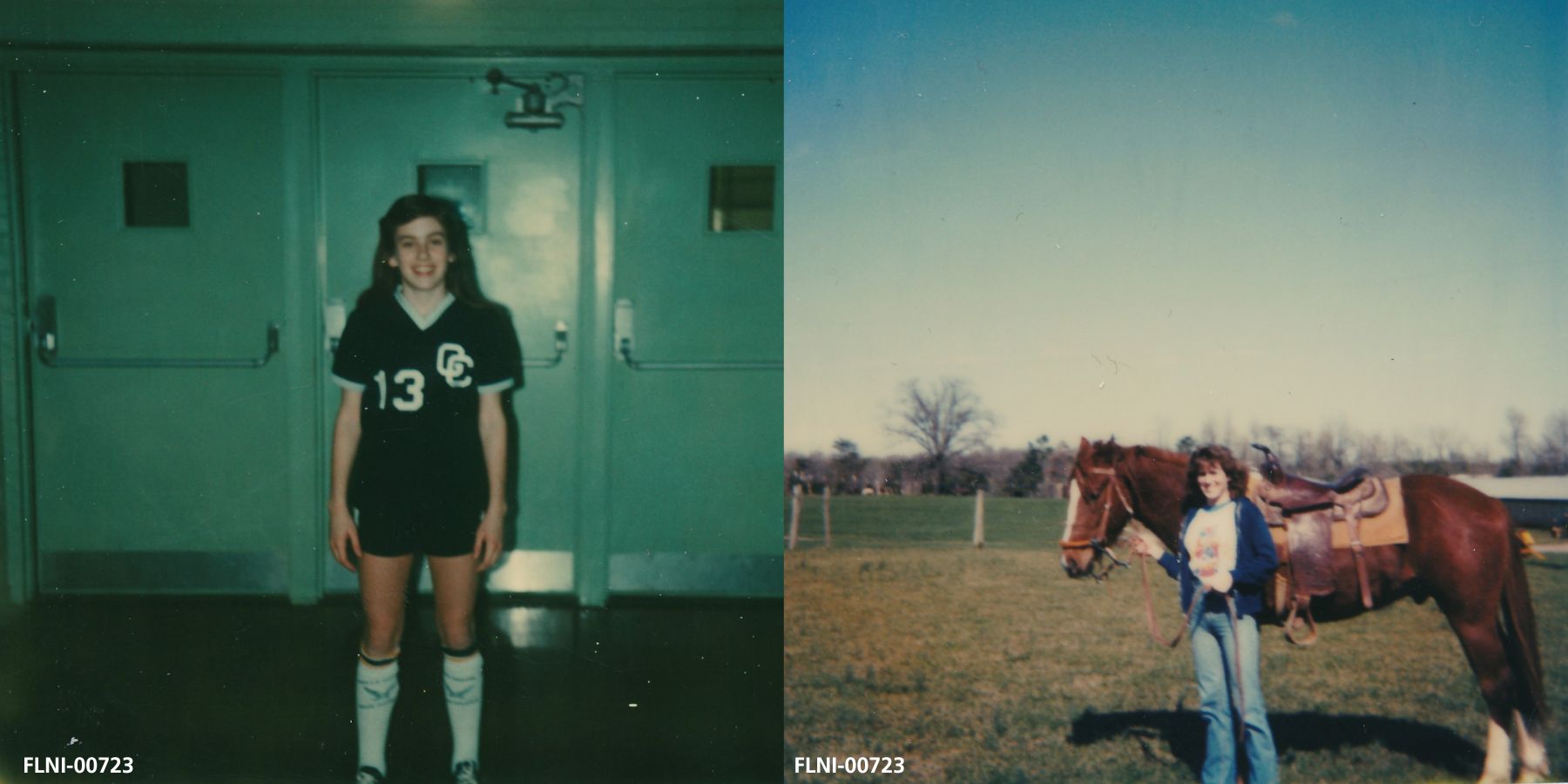 Left image shows Sandy in high school sports uniform. Right image shows Sandy standing next to a horse in a field