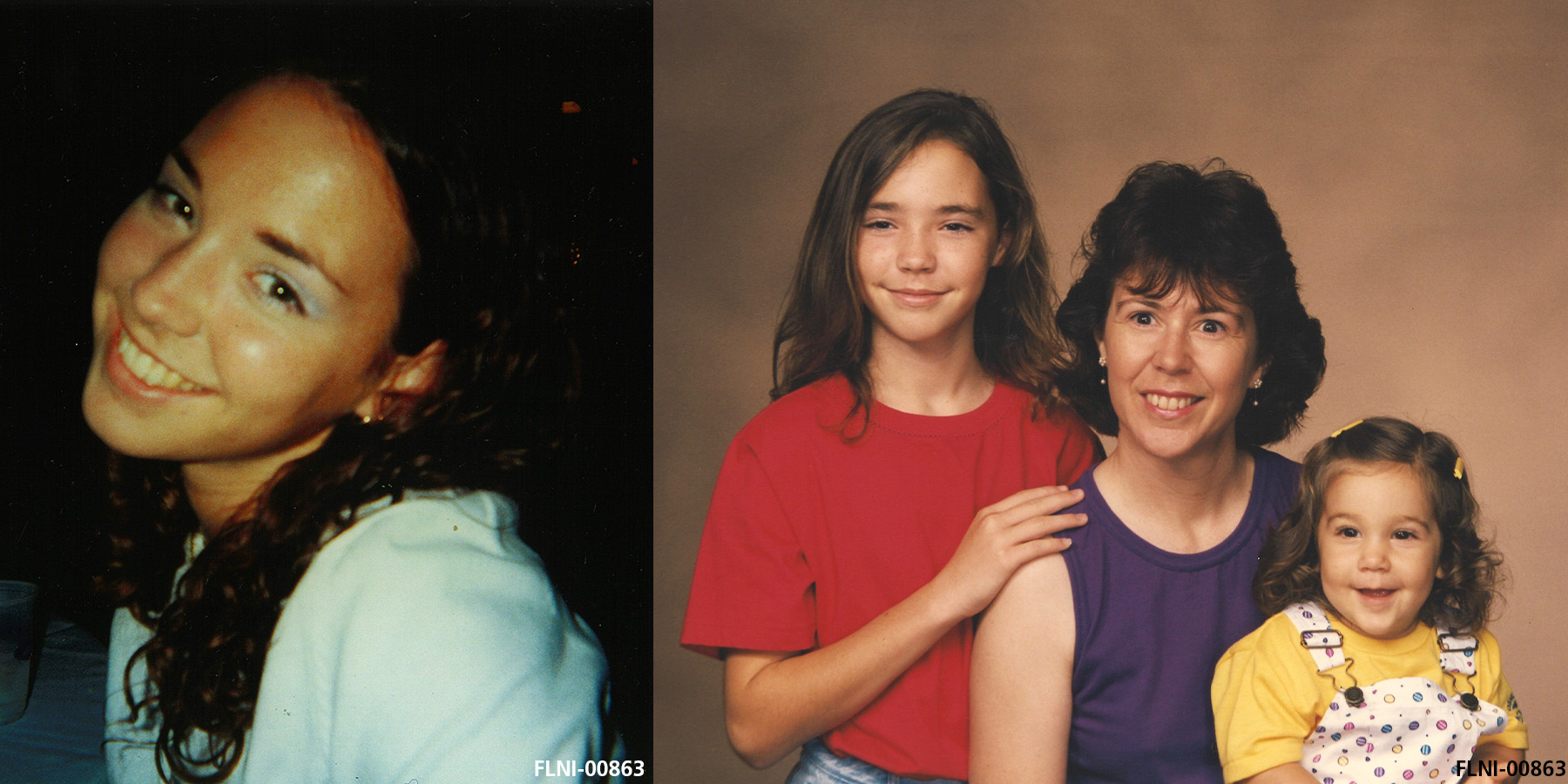 left image shows a girl wearing blue eyeshadow and blue jacket smiling at the camera. Right image shows two young children and mother smiling.