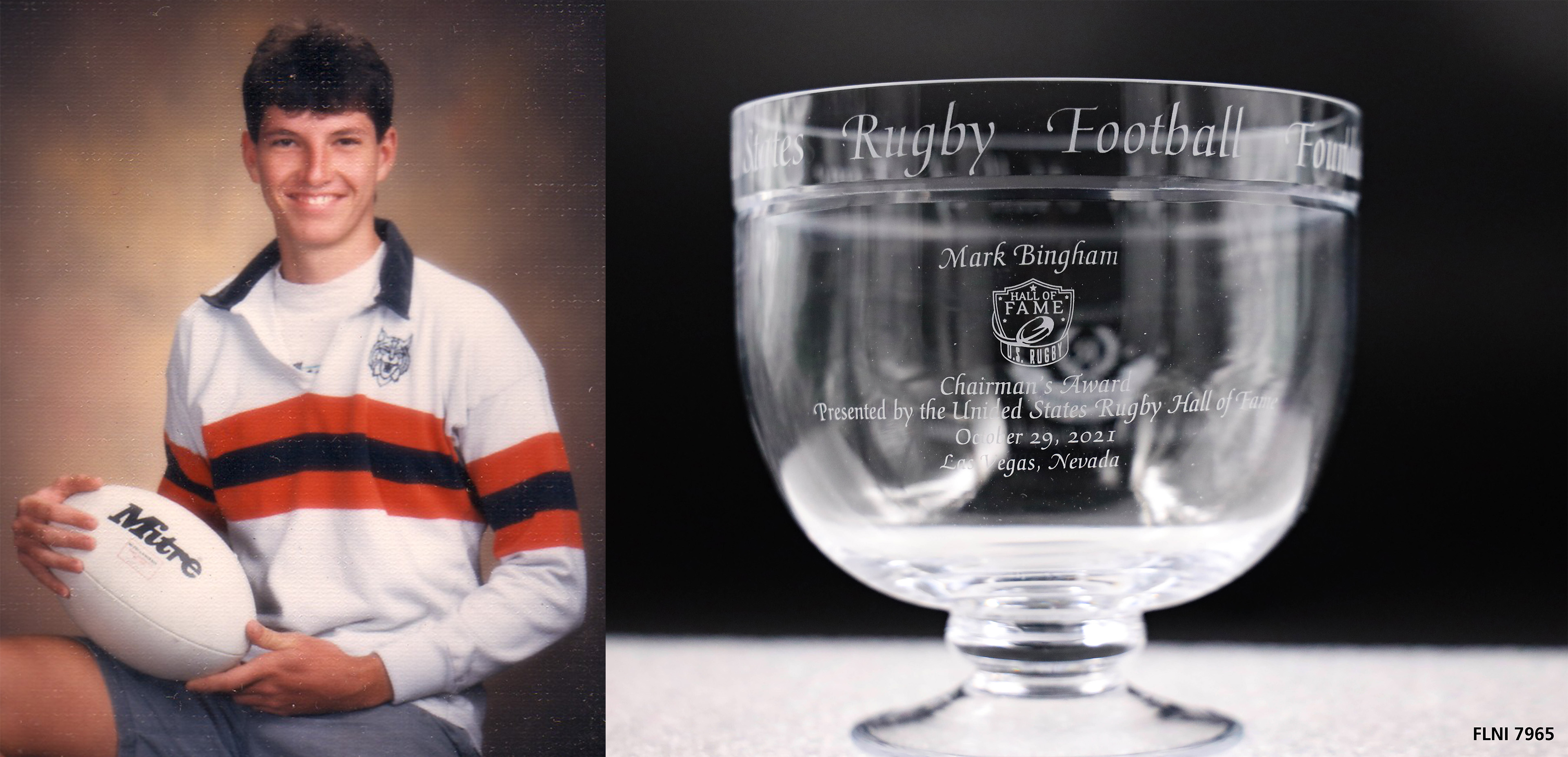 Left image shows Mark in a uniform holding a rugby ball. Right image shows A glass rugby cup with an inscribed saying.