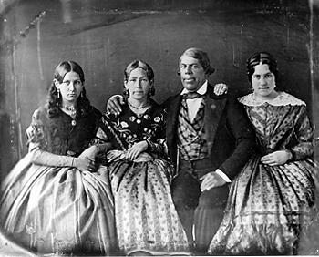 Pío de Jesus Pico and his wife, María Ignacia Alvarado Pico, in 1852, with two of their nieces, María Anita Alvarado (far left) and Trinidad Ortega (far right).