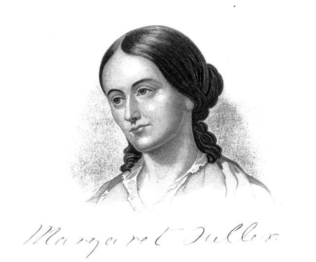 An engraved portrait of a victorian era woman with text that reads "Margaret Fuller"