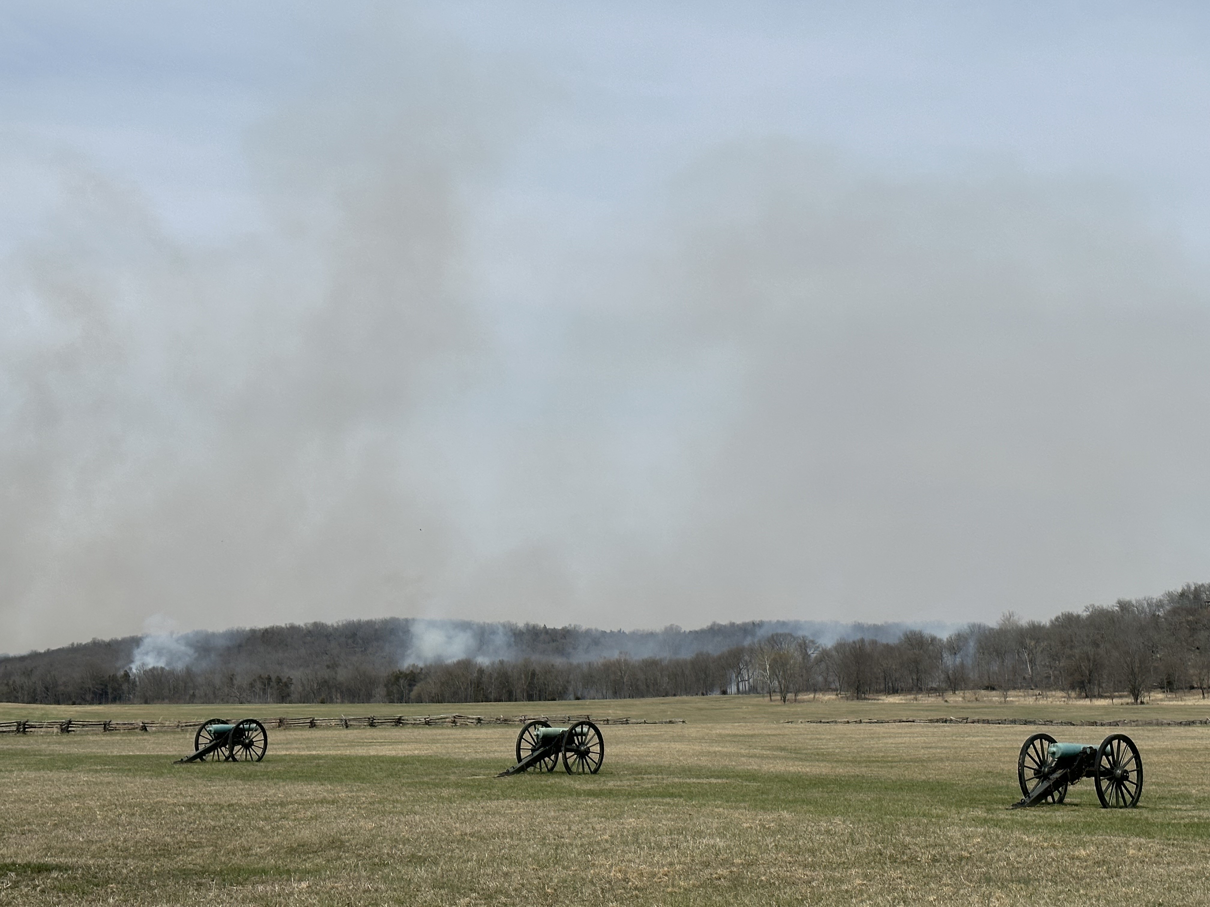 Smoke rises from forested hills. A grassy battlefield is in the foreground, lined with cannons.